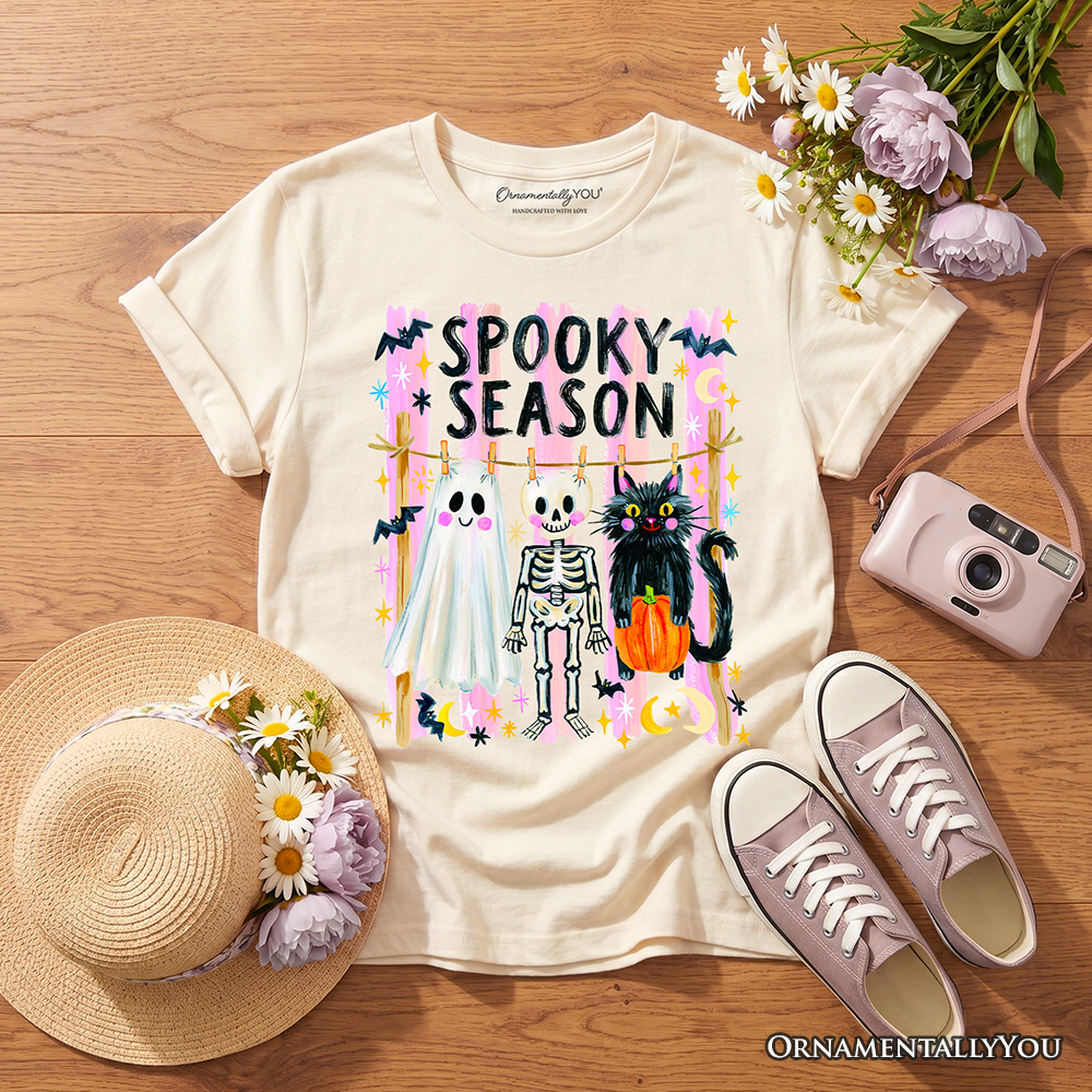 Kids Spooky Season Ghost Skeleton Cat T-Shirt, Colorful Halloween Costume Youth Tee