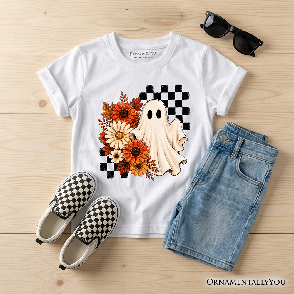 Kids Checkered Floral Ghost T-Shirt, Vintage Fall Halloween Daisy Youth Tee