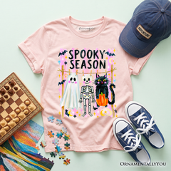 Kids Spooky Season Ghost Skeleton Cat T-Shirt, Colorful Halloween Costume Youth Tee