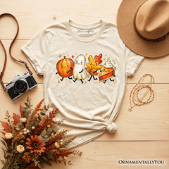 Kids Cute Fall Characters T-Shirt, Pumpkin Ghost Leaf Pie Autumn Youth Tee