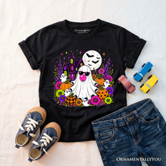 Kids Bubblegum Ghost Haunted House T-Shirt, Colorful Floral Halloween Pumpkin Youth Tee