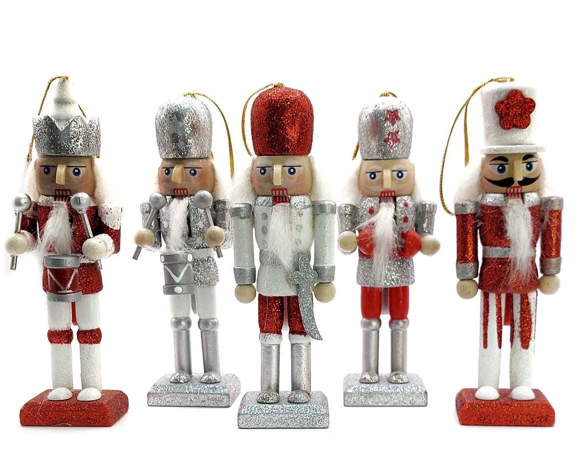 Red and Silver Glitter Christmas Wooden Nutcracker Ornaments 5 in Set of 5 by Wizardi F07M14-16-N01249