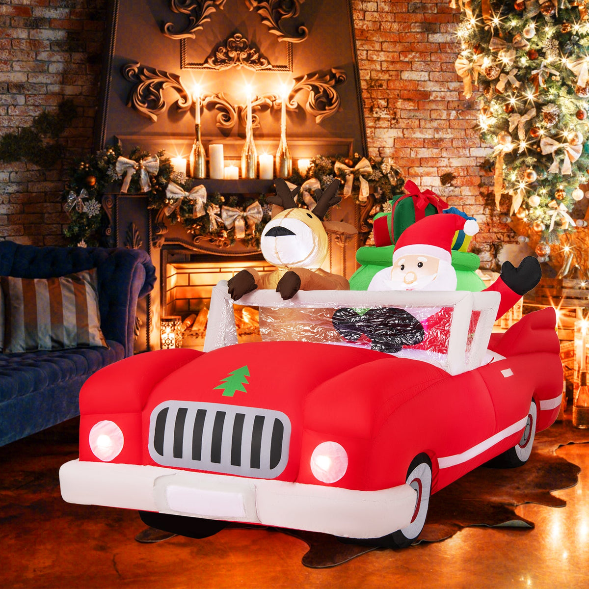 7.7 Feet Long Christmas Inflatable Santa Claus and Reindeer Riding Red Car with Gift Bag and 9 LED White Lights