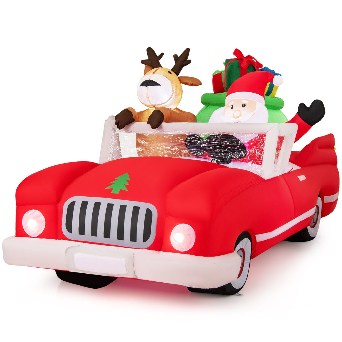 7.7 Feet Long Christmas Inflatable Santa Claus and Reindeer Riding Red Car with Gift Bag and 9 LED White Lights