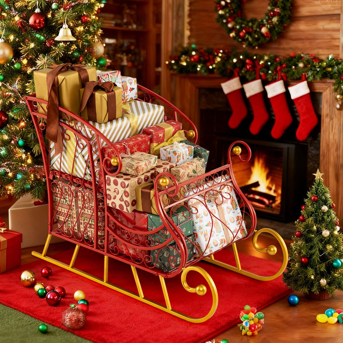 Metal Christmas Santa Sleigh Basket 2-Tier Xmas Santa's Gift Storage Sleigh