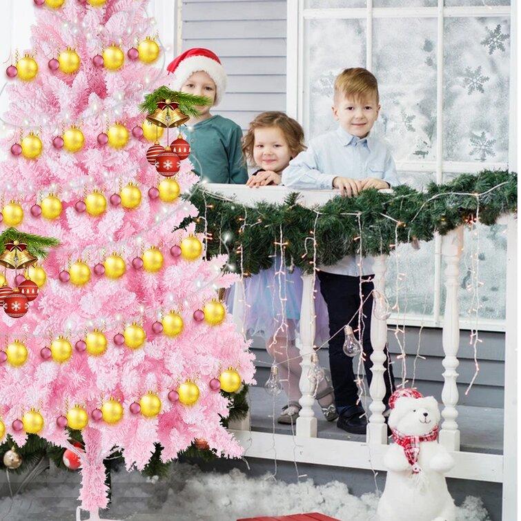 Pink Artificial Snow Flocked Christmas Tree, 7 ft Full Tree, with Metal Stand