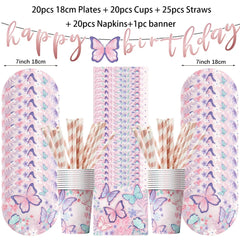 Butterfly Fairy Birthday Party Tableware Set – Pink Disposable Plates, Cups, Napkins & Tablecloth | Girls Party Decorations & Supplies