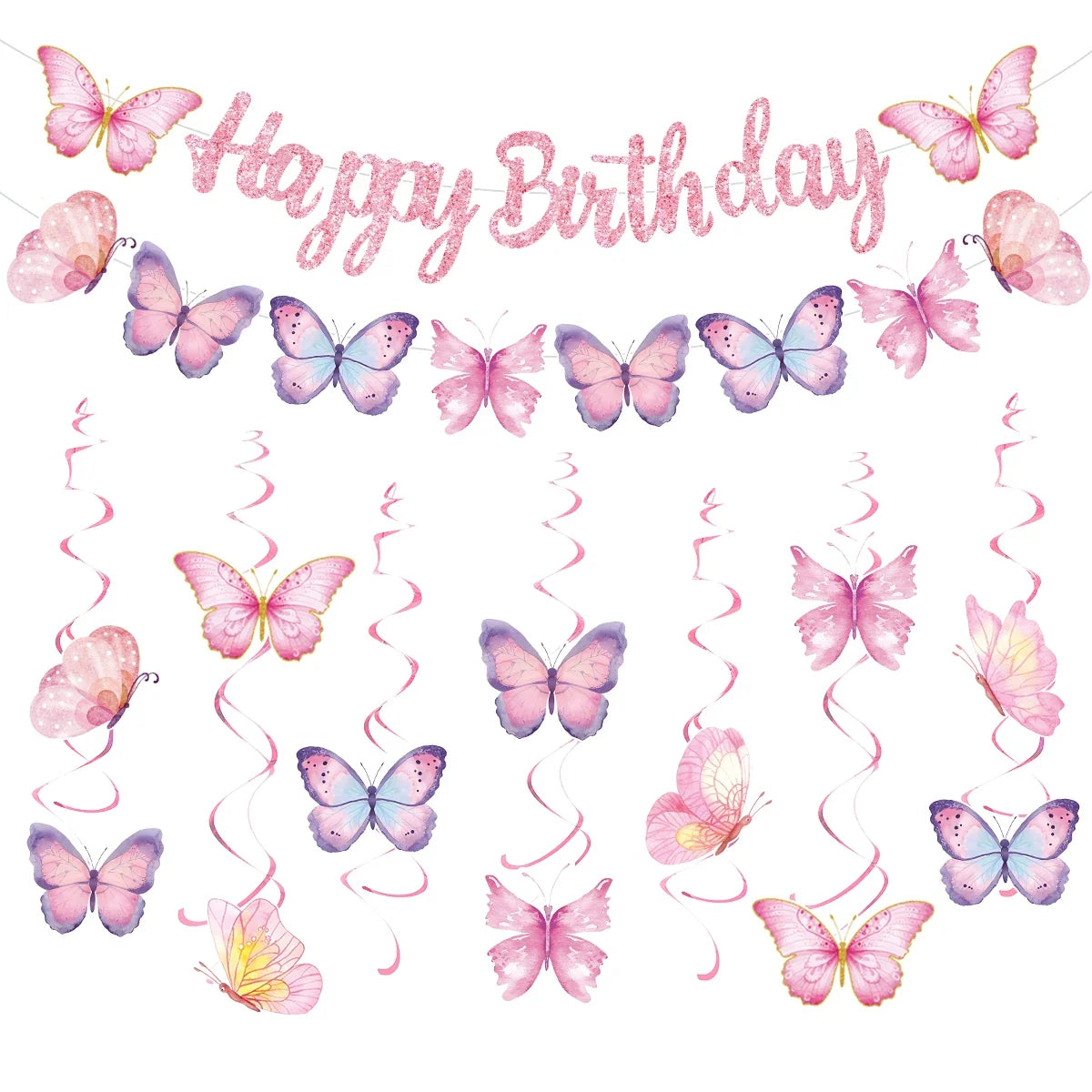 Butterfly Banner Spiral Set Happy 1st Birthday Party Decorations Kids Girls Favors Gifts Spring Butterfly Theme Hanging Pendant