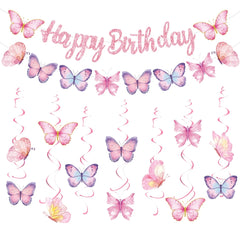 Butterfly Banner Spiral Set Happy 1st Birthday Party Decorations Kids Girls Favors Gifts Spring Butterfly Theme Hanging Pendant