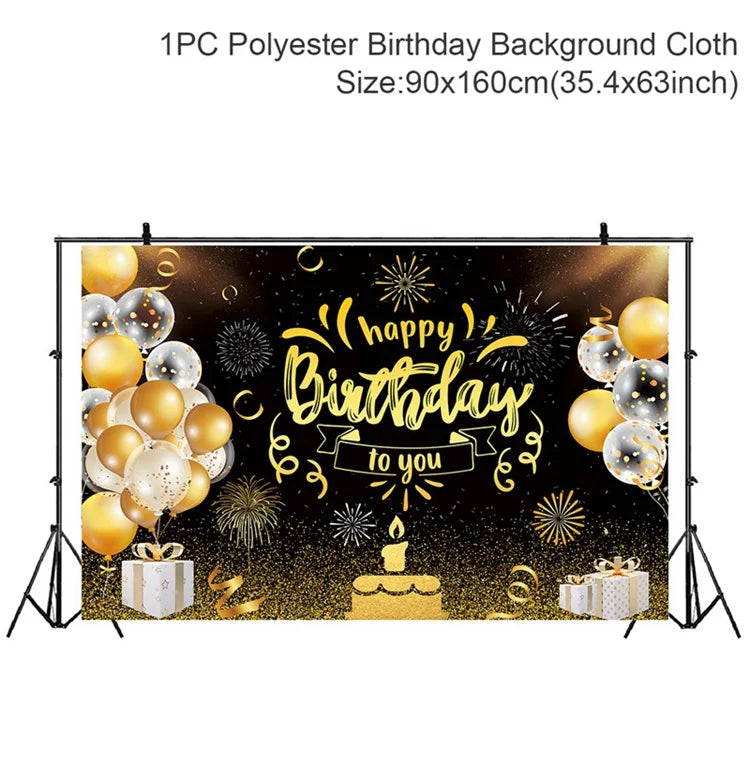 Gold Glitter Happy Birthday Party Backdrop For Photo Black  Happy Birthday Adult Theme Party Decoration Supplies DIY Backdrops