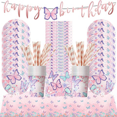 Butterfly Fairy Birthday Party Tableware Set – Pink Disposable Plates, Cups, Napkins & Tablecloth | Girls Party Decorations & Supplies