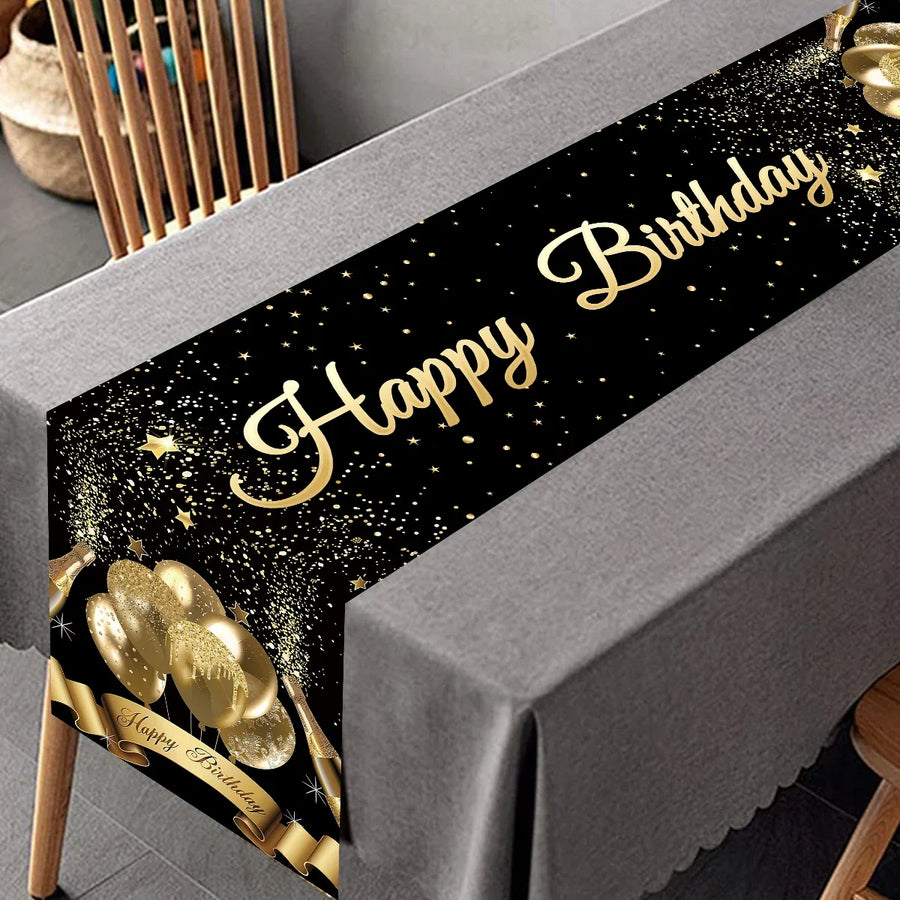 Black Gold Happy Birthday Table Runner 30th 40th 50th Birthday Party Decoration Adult  Anniversary Birthday Party Supplies
