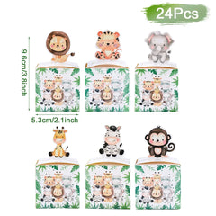24PCS Jungle Safari Animals Candy Boxes Birthday Party Decoration Kids Gift Packaging Box Wild One Baby Shower Gifts Box Bag