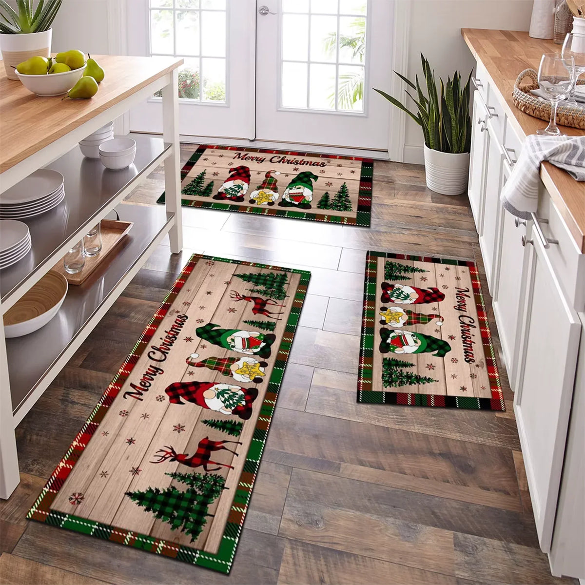 Vikama Christmas Gnome Christmas Tree Pattern Carpet Kitchen Carpet Living Room Bedrooms Bedside Rugs Non-Slip Bathroom Floor
