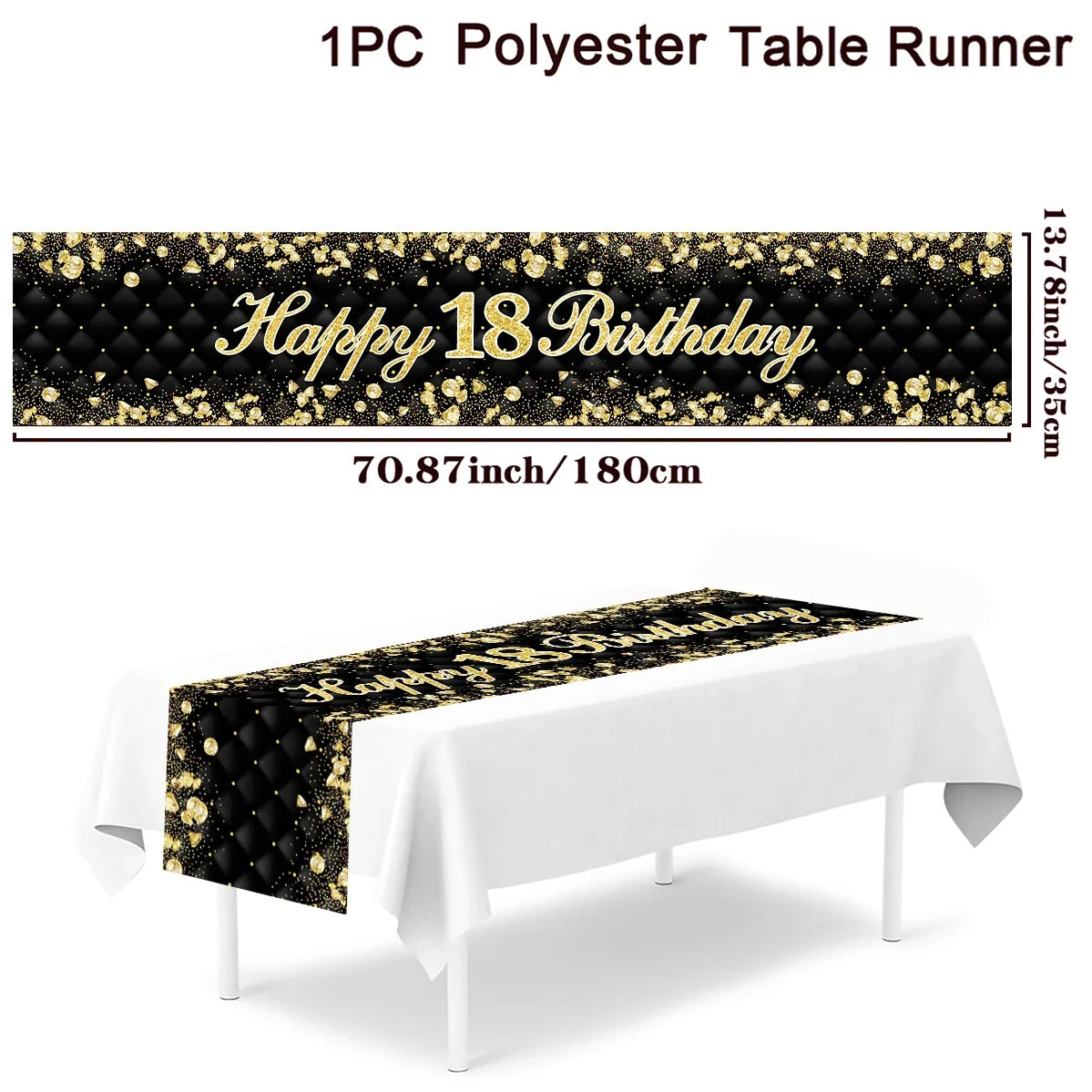 Black Gold Happy Birthday Table Runner 30th 40th 50th Birthday Party Decoration Adult  Anniversary Birthday Party Supplies