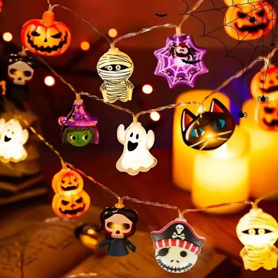1PC Halloween 10/20 LED Battery Powered String Lights With Ghost Witch Cat Pumpkin Spider Web Skeleton Mummy Pirate Shape Indoor