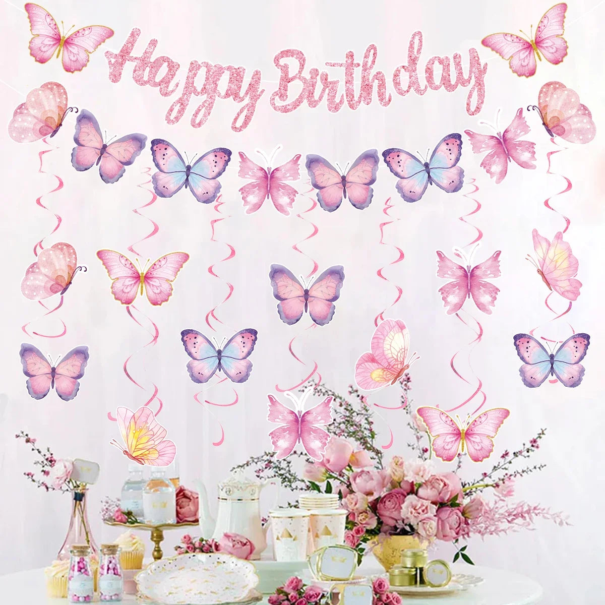 Butterfly Banner Spiral Set Happy 1st Birthday Party Decorations Kids Girls Favors Gifts Spring Butterfly Theme Hanging Pendant