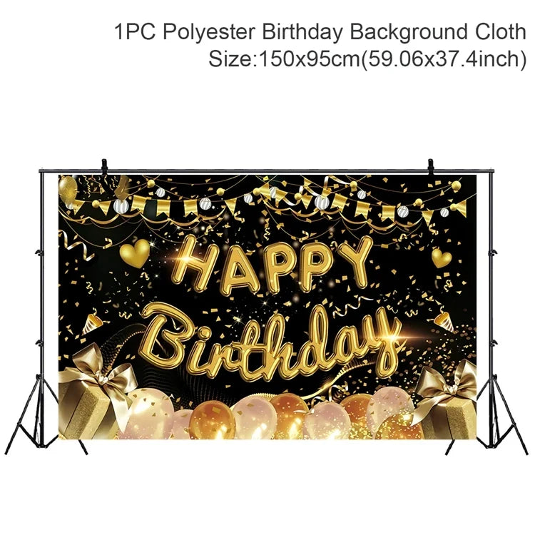 Gold Glitter Happy Birthday Party Backdrop For Photo Black  Happy Birthday Adult Theme Party Decoration Supplies DIY Backdrops