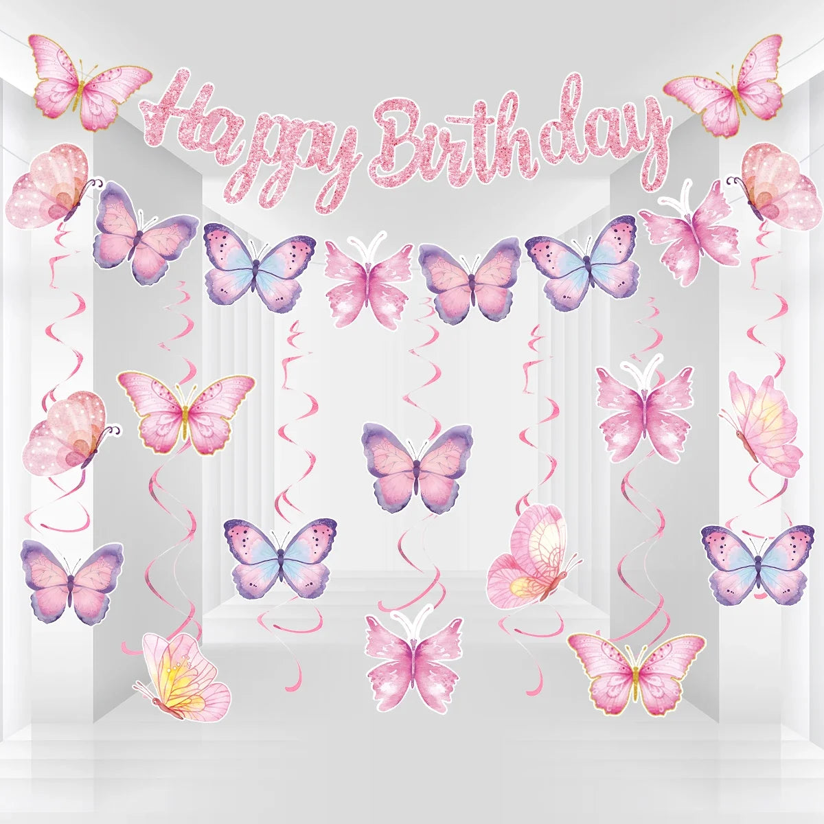 Butterfly Banner Spiral Set Happy 1st Birthday Party Decorations Kids Girls Favors Gifts Spring Butterfly Theme Hanging Pendant