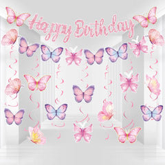 Butterfly Banner Spiral Set Happy 1st Birthday Party Decorations Kids Girls Favors Gifts Spring Butterfly Theme Hanging Pendant