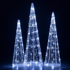 Pre-Lit Christmas Cone Trees Set of 3 with Cold White Lights