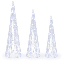 Pre-Lit Christmas Cone Trees Set of 3 with Cold White Lights