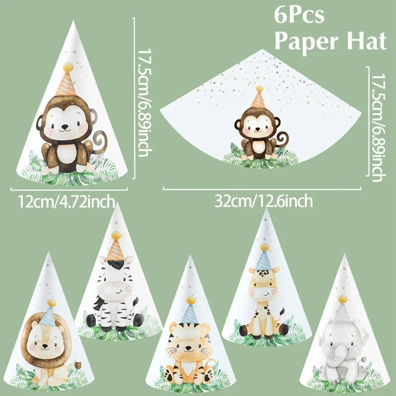 Jungle Animals Party Paper Hats Happy Birthday Party Decoration Kids Safari Animal Wild One Birthday Decor Supplies Baby Shower
