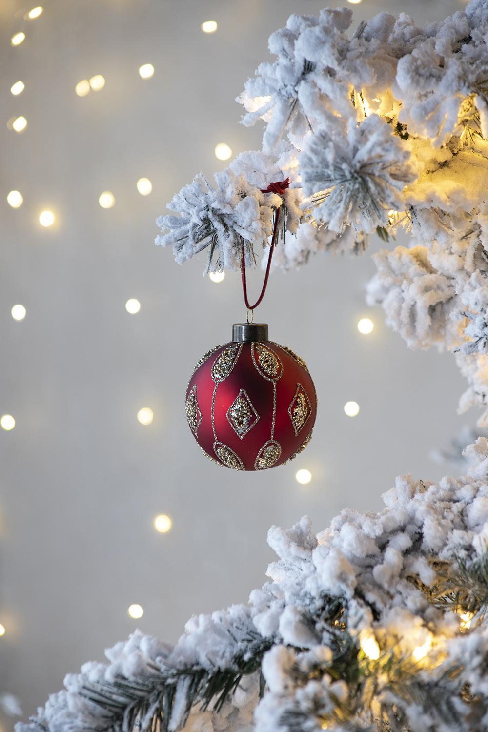 Red Glass Christmas Ball Ornaments with Glitter Detail - Red