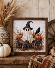 Halloween Cute spooky Ghost and Wagon Framed Fall Wood Sign
