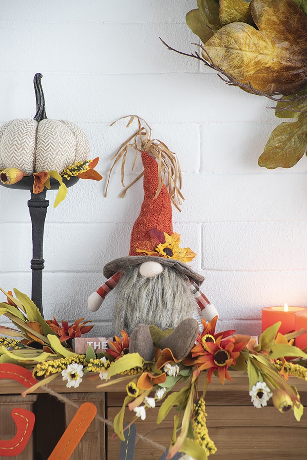 Sitting Gnome With Maple Leaf On Hat, For Holiday Harvest Festival Fall Festival & Thanksgiving Table Decorations (Set of 2) - Orange Multi