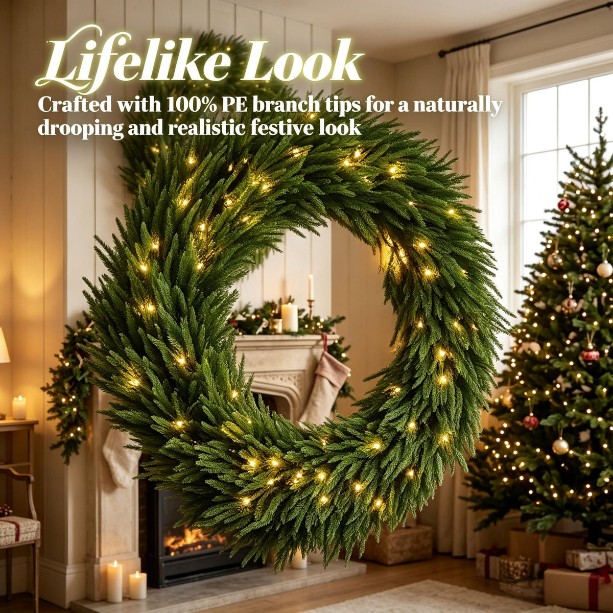 36-Inch Pre-Lit Christmas Wreath with Warm White Lights - Green