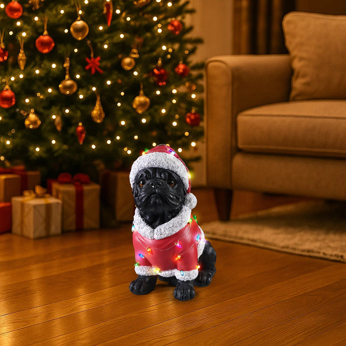 Christmas Pug Statue with Detailed Santa Outfit - Red