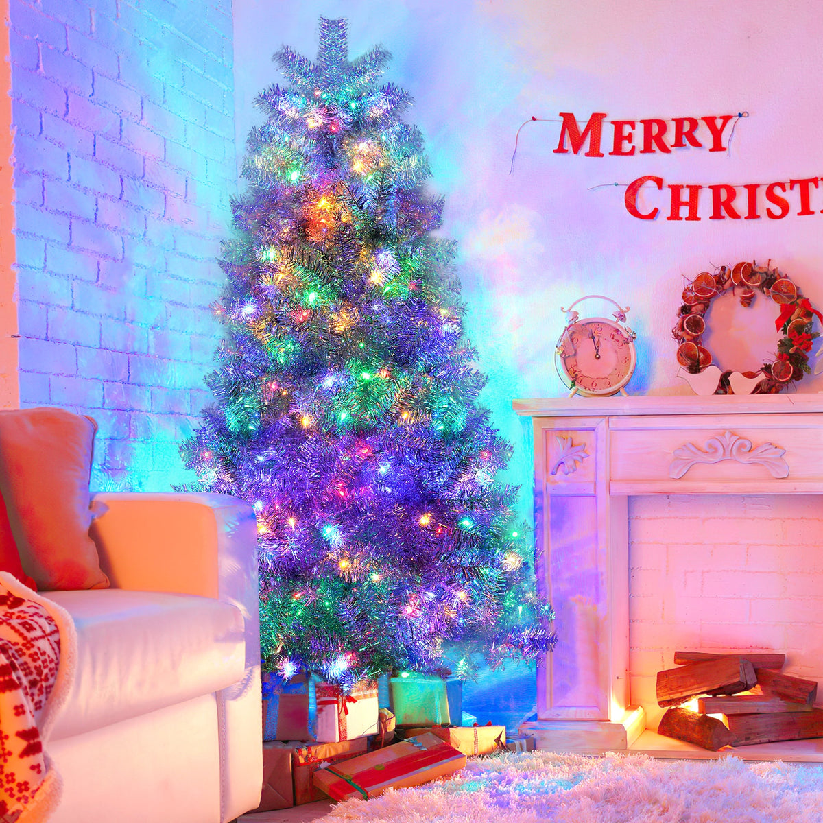 6FT Silver Pre-Lit Artificial Christmas Tree with 300 LED Lights - Silver