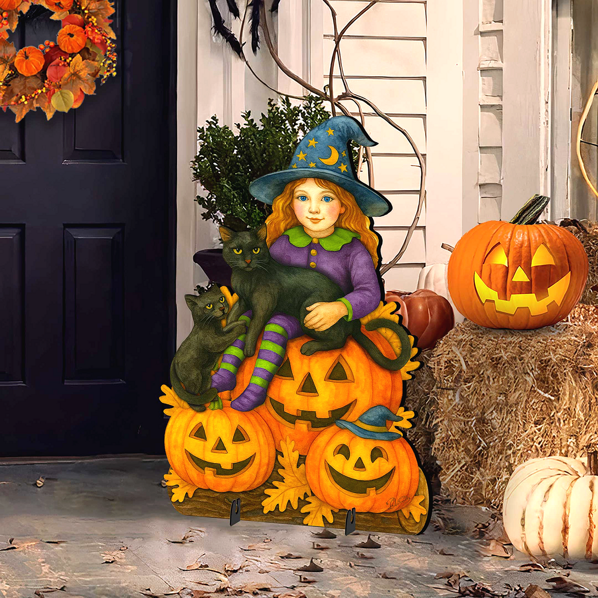 Halloween Witch with Black Cats Freestanding Outdoor Décor – Handcrafted Wooden Yard Display by G. DeBrekht