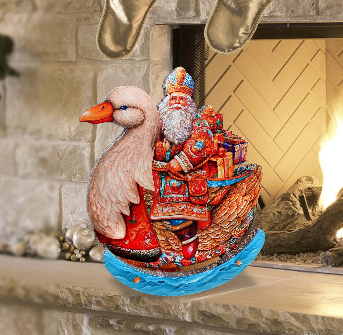 Charming Santa Riding Goose Limited Edition Wooden Figurine Centerpiece by G. Debrekht - Christmas Decor - 89314