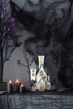 Cardboard Lighted Haunted House, Tabletop Holiday Halloween Decor, Battery Powered - Beige / Black