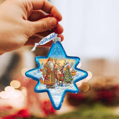 Santa with Reindeer Star Glass Ornament by G. Debrekht - Christmas Santa Snowman Decor - 755-050