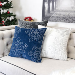 Blue Velvet Holiday Throw Pillow with Silver Snowflakes - Blue