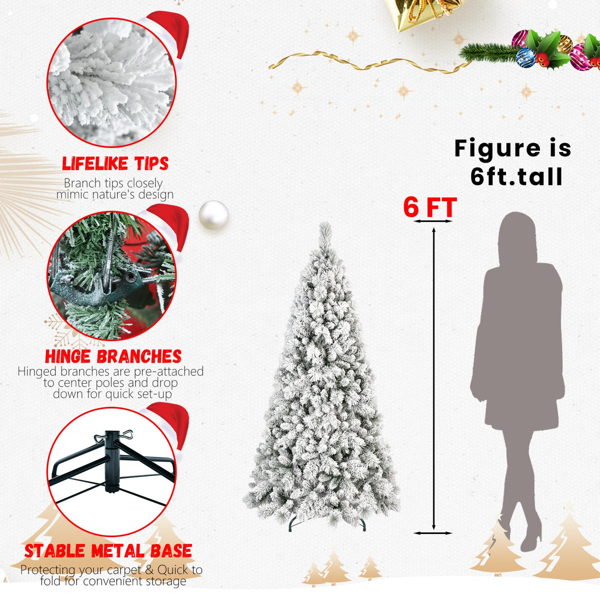6FT Flocked Christmas Tree with 350 Warm LED Lights - Snowy Finish