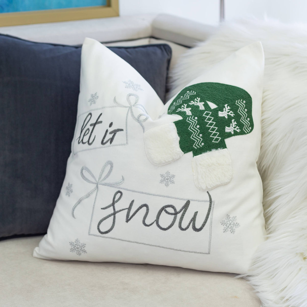 Let It Snow Christmas Throw Pillow with Embroidered Holiday Design - Green or Red
