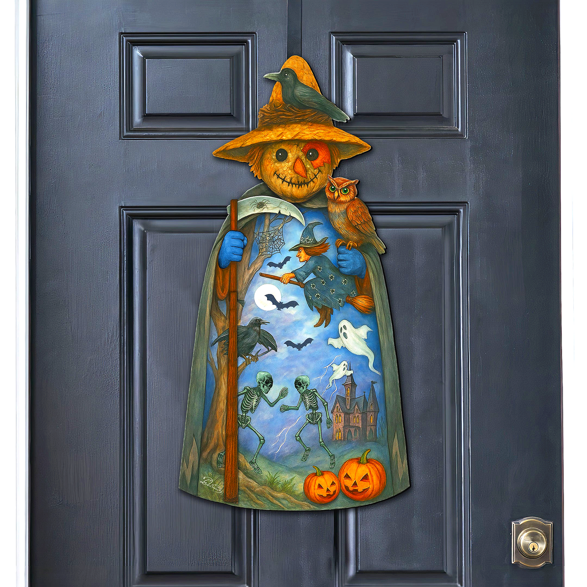 Halloween Scarecrow Door Hanger – Handcrafted Wooden Door Décor by G. DeBrekht