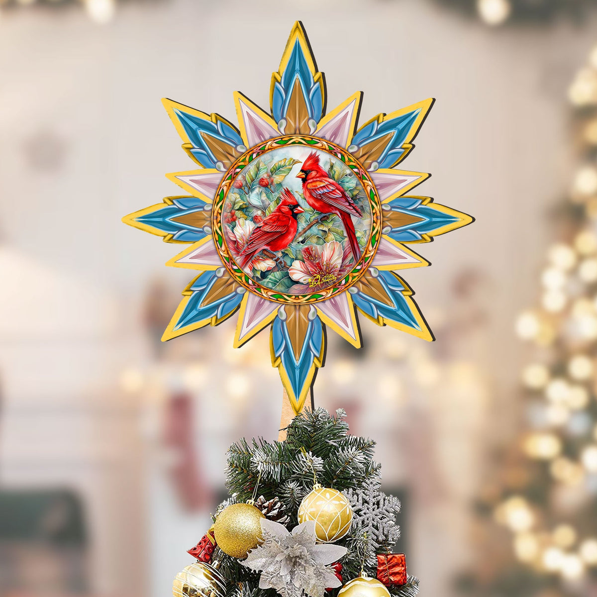 Christmas Cardinals Star Tree Topper Wooden Decor by G. Debrekht - Wildlife Holiday Decor - 89510
