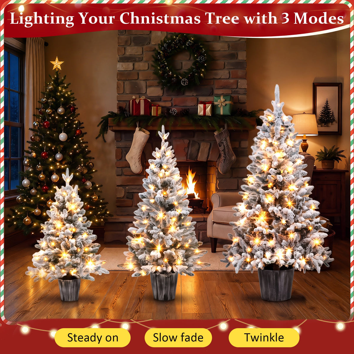 3-Piece Flocked Pre-Lit Christmas Tree Set with Warm White LED Lights - Flocked Finish