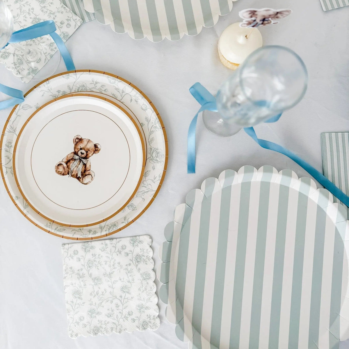 Classic Striped Sea Foam Blue & White Scalloped Plates, 12pcs
