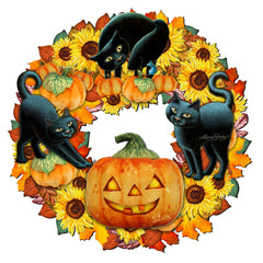 Halloween Cats Holiday Door Wreath by Laura Seeley - Thanksgiving Halloween Decor