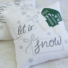 Let It Snow Christmas Throw Pillow with Embroidered Holiday Design - Green or Red