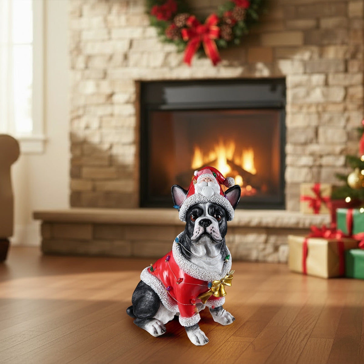 Christmas French Bulldog Statue with Santa Outfit - Holiday Dog Figurine
