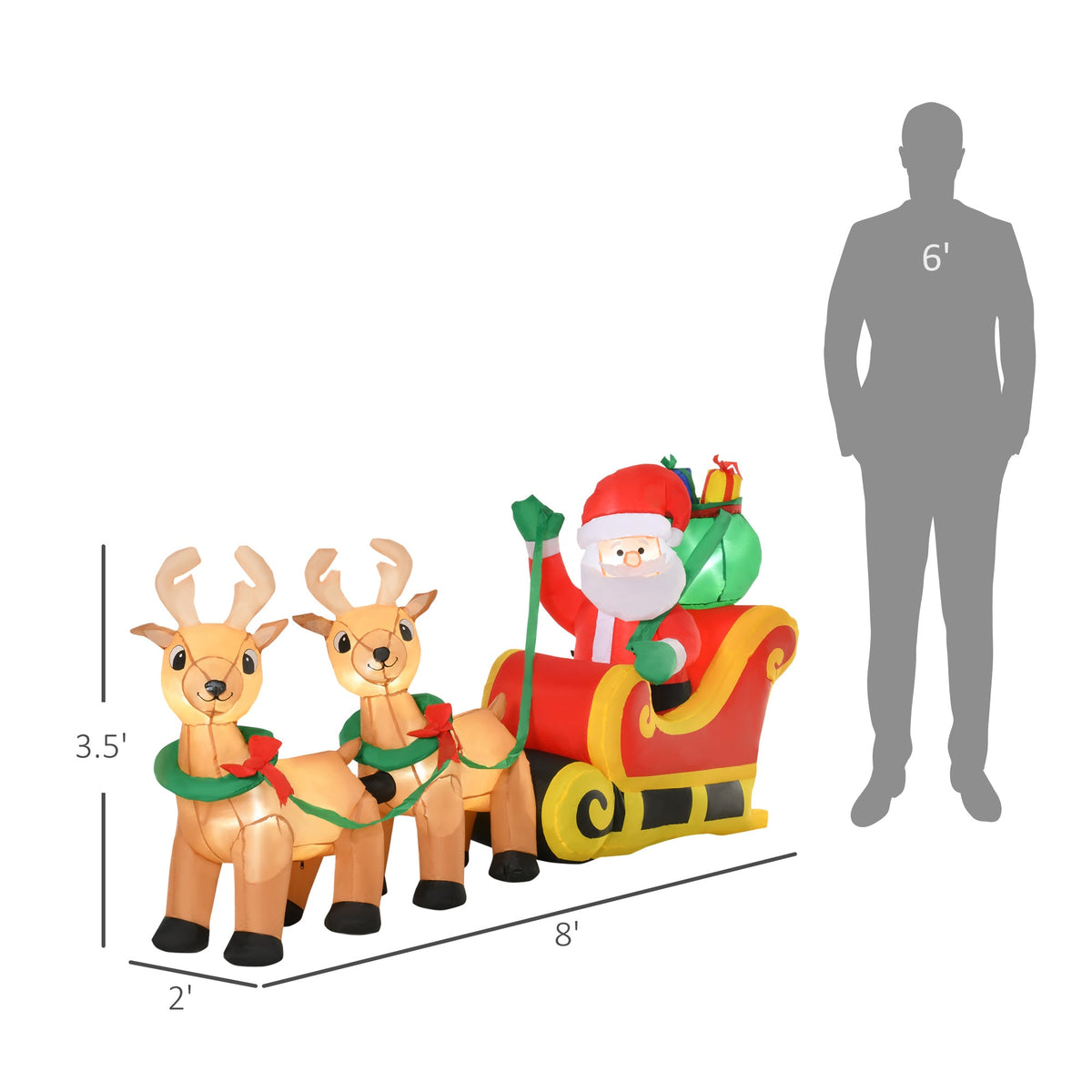 8ft Christmas Inflatable Santa Claus with Sleigh and LED Lights - Red