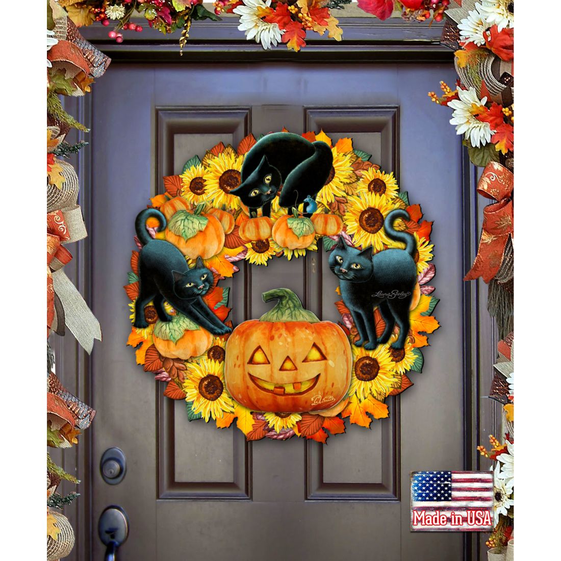 Halloween Cats Holiday Door Wreath by Laura Seeley - Thanksgiving Halloween Decor