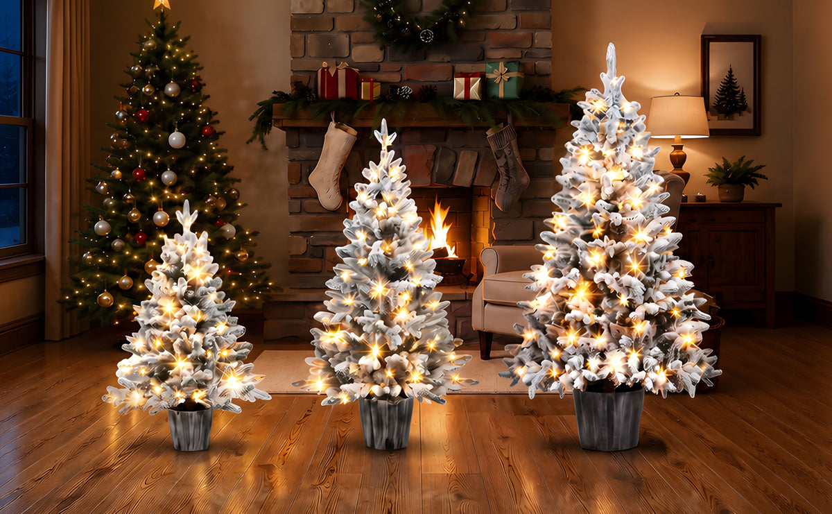 3-Piece Flocked Pre-Lit Christmas Tree Set with Warm White LED Lights - Flocked Finish